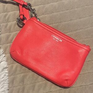 Coach Coral Leather Wristlet Clutch with Silver Hardware